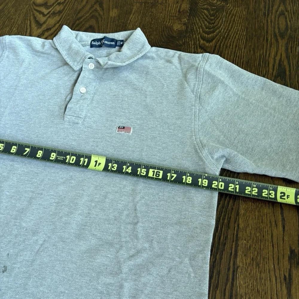 Vtg 90s Ralph Lauren USA Flag Patch Polo Shirt Mens M Gray Short Sleeve Heavy